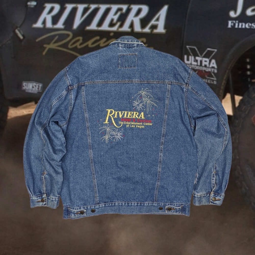 Vintage XL Denim Jean Jacket Riviera Hotel Casino Las Vegas Distressed EUC